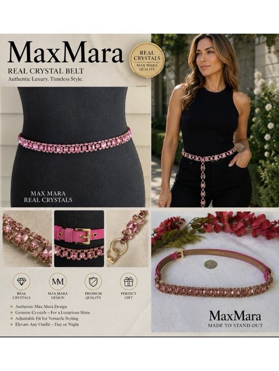 MAX MARA ITALY Thin Pink Crystal Satin Leather Belt M Medium 29-31\